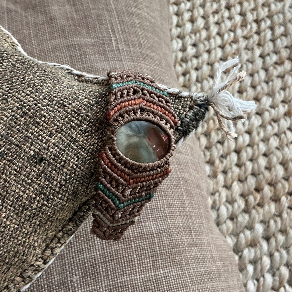 Macrame Braided Jute/Hemp Green Rust Cream Stone Boho Bracelet - 1/1/2”